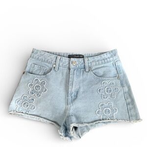 Cali 7850 Light Blue Denim Floral Embroidered Women Shorts